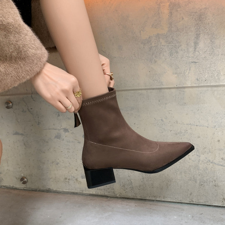 Karin Luna In Stock In Stock Elastic Slim Pointed Toe Chunky Heel Basic Ankle Boots
