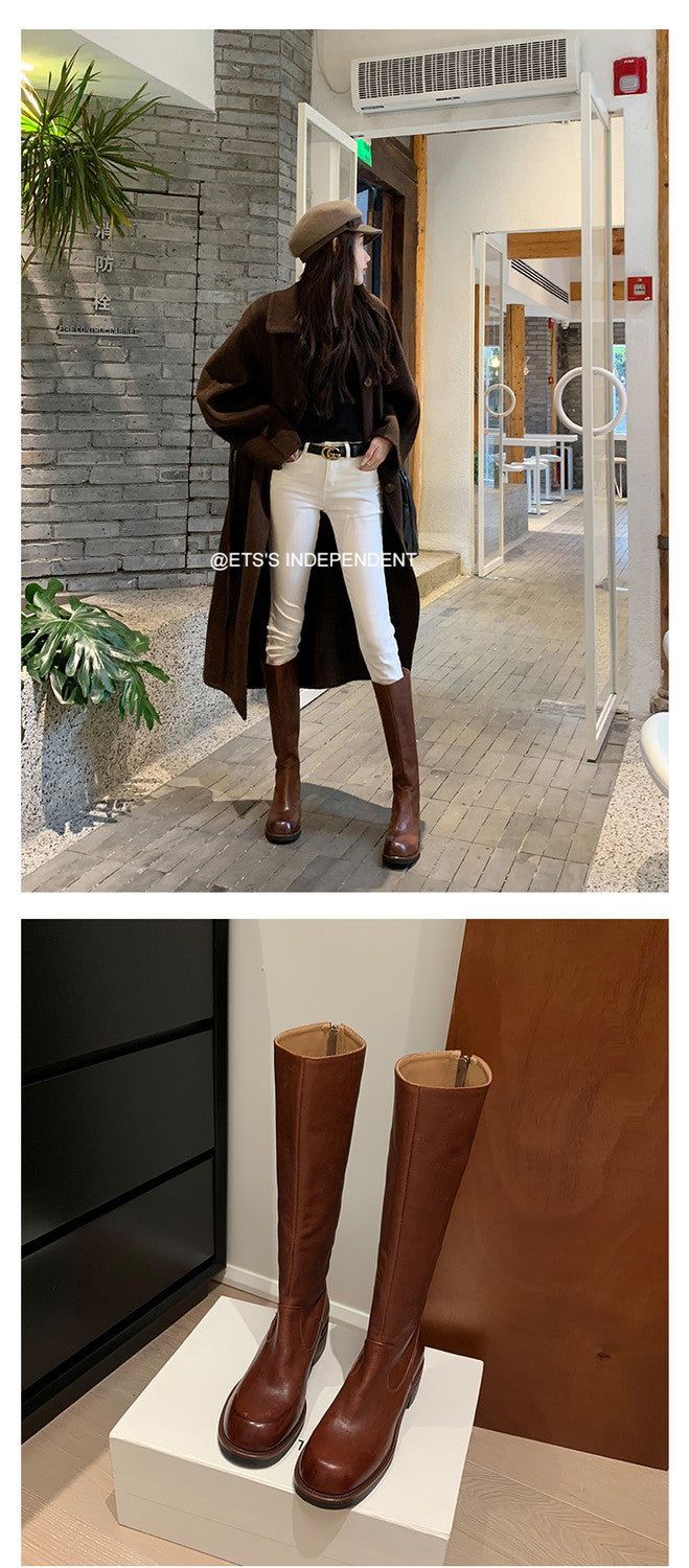 Karin Luna Basic Versatile Style Round Toe Chunky Heel Long Boots
