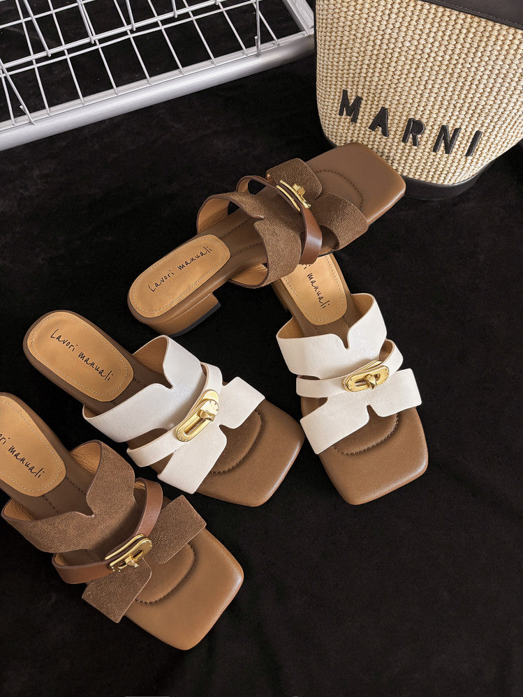 Karin Luna Comfortable Gold Buckle Square Toe Chunky Heel Casual Style Slippers