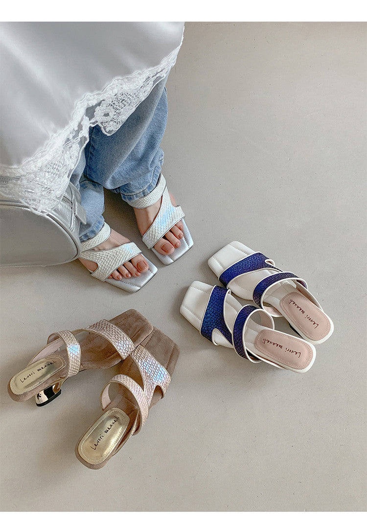 Karin Luna Fish Skin Series~Minimalist Square Toe Popular Irregular Heel Slippers