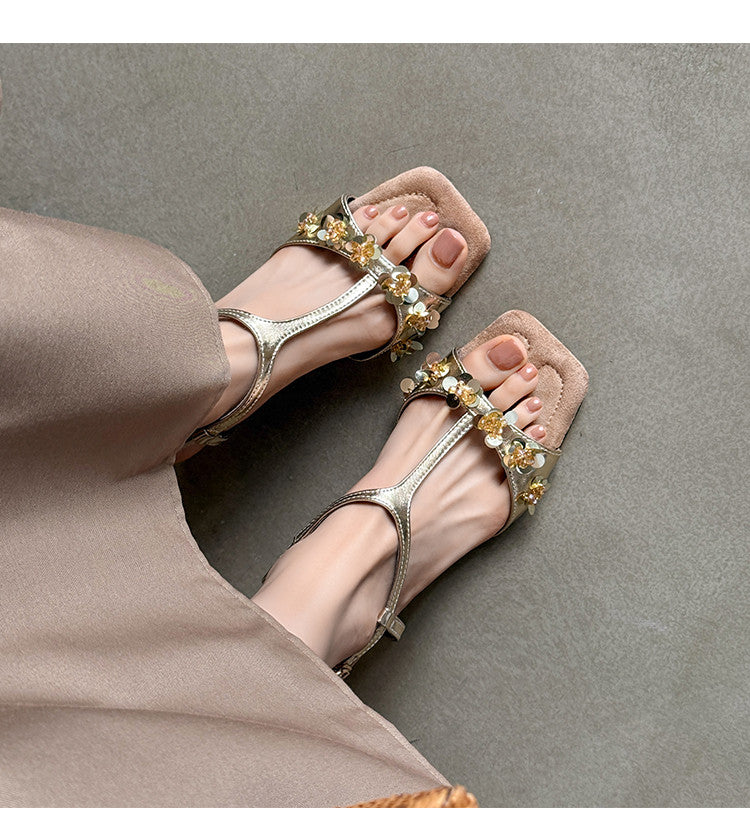 Karin Luna Hot-Selling Sequin Floral Series ~  Square Toe Irregular Heel Square Toe Sandals