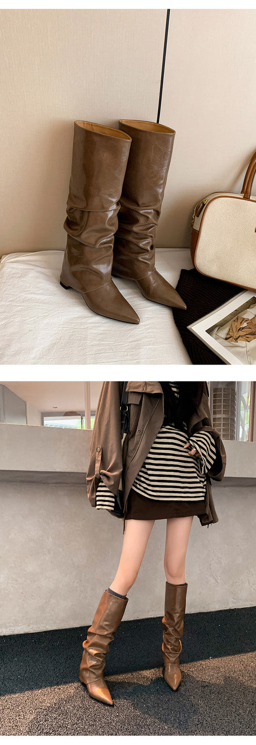 Karin Luna Elegant Style Pointed Toe Hidden Wedge Long Boots