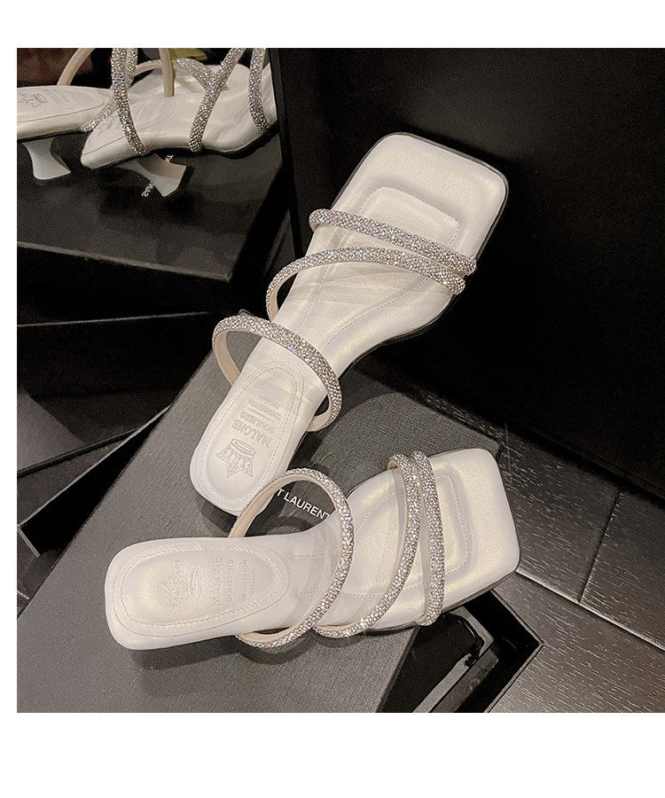 Karin Luna In Stock Spot Goods  Minimalist Versatile Square Toe Rhinestone Strap Open-Toe Sandals