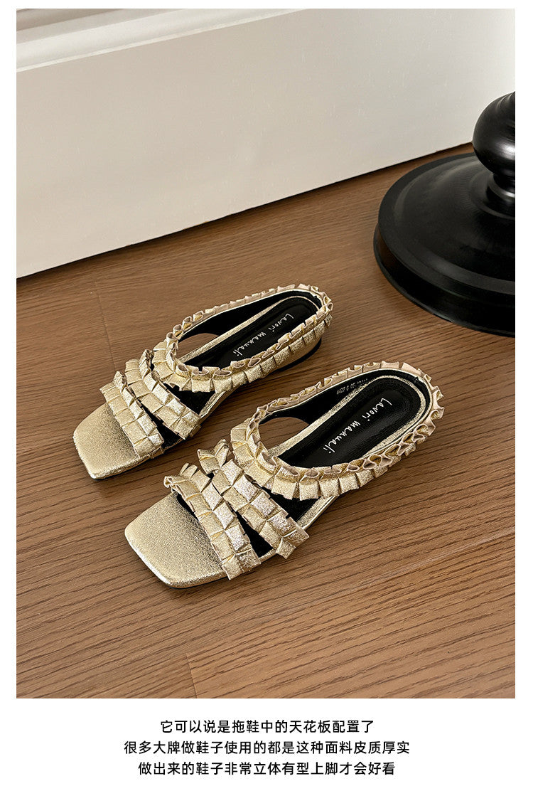 Karin Luna In Stock   Spot Goods  Niche Design Square-Toed Pleated Flat Slippers