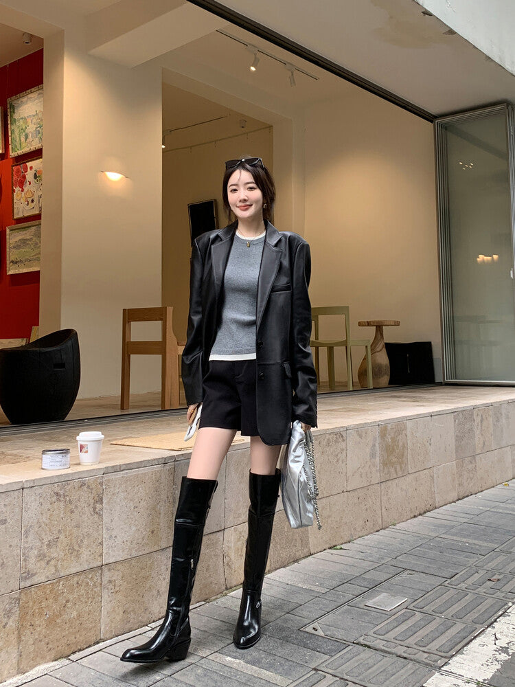 Karin Luna exploded  Three versions exploded Single Fleece Lining Fur Collar Version  Thick Fur Collar Foldable Hot-Selling Full Cowhide Pointed Toe Chunky Heel Classic Style