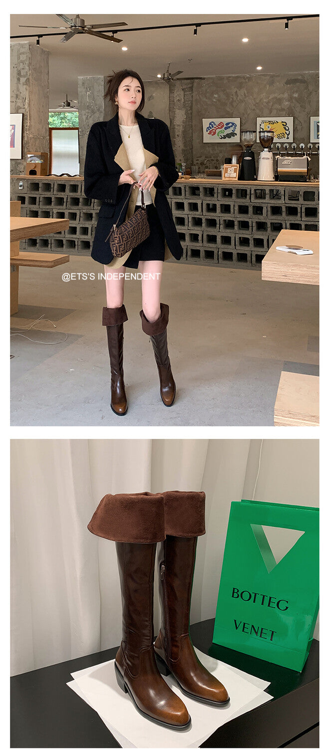 Karin Luna exploded  Three versions exploded Single Fleece Lining Fur Collar Version  Thick Fur Collar Foldable Hot-Selling Full Cowhide Pointed Toe Chunky Heel Classic Style
