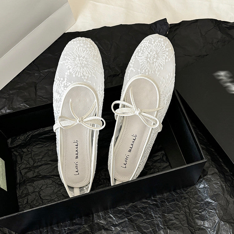 Karin Luna In Stock Spot Goods  Summer Breathable Retro Embroidered Bow Granny Shoes