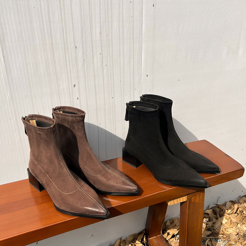 Karin Luna In Stock In Stock Elastic Slim Pointed Toe Chunky Heel Basic Ankle Boots