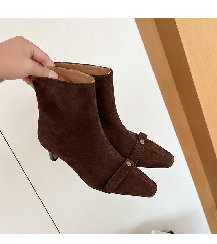 Karin Luna Elegant Style Small Square Toe Belt Buckle Thin Heel Short Boots