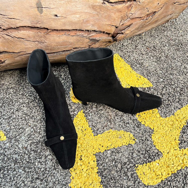 Karin Luna Elegant Style Small Square Toe Belt Buckle Thin Heel Short Boots