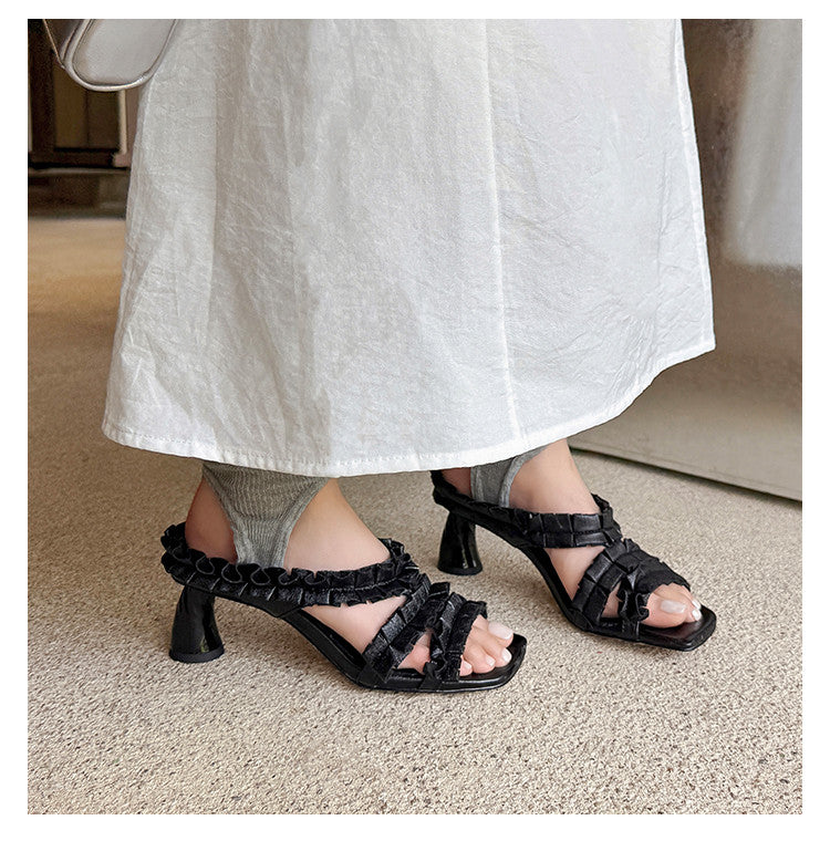 Karin Luna In Stock  Spot Goods  Unique Square-Toe Pleated Lace Sandals