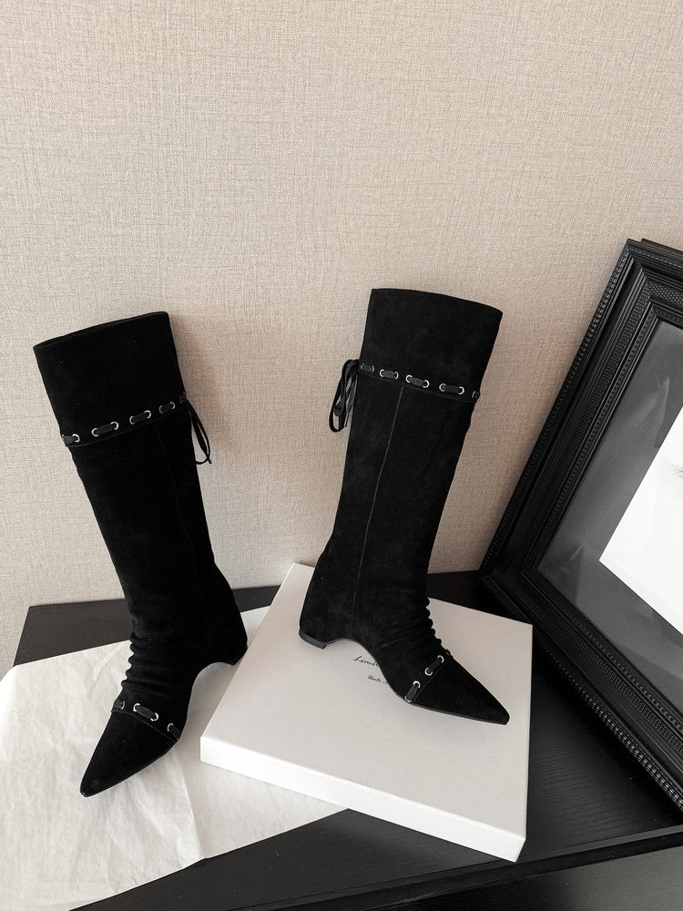 Karin Luna Elegant Style  Pointed Toe Pleated Hidden Wedge Western Boots