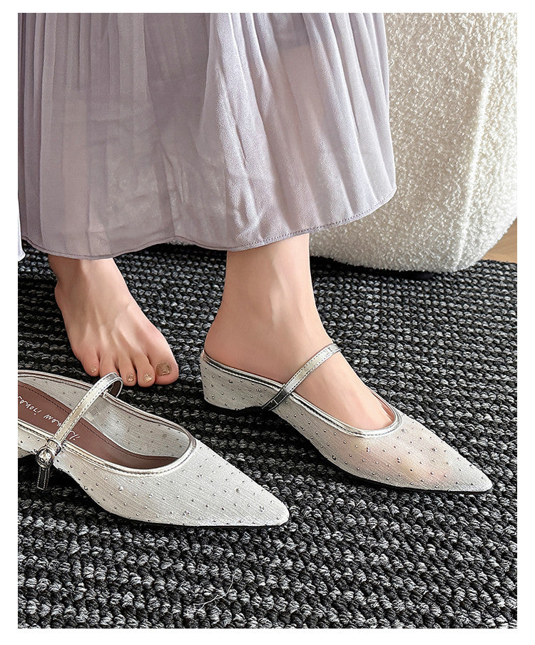 Karin Luna In Stock Spot Goods  Breathable Mesh Fabric Embellished Hand Drill Pointed Toe Slippers