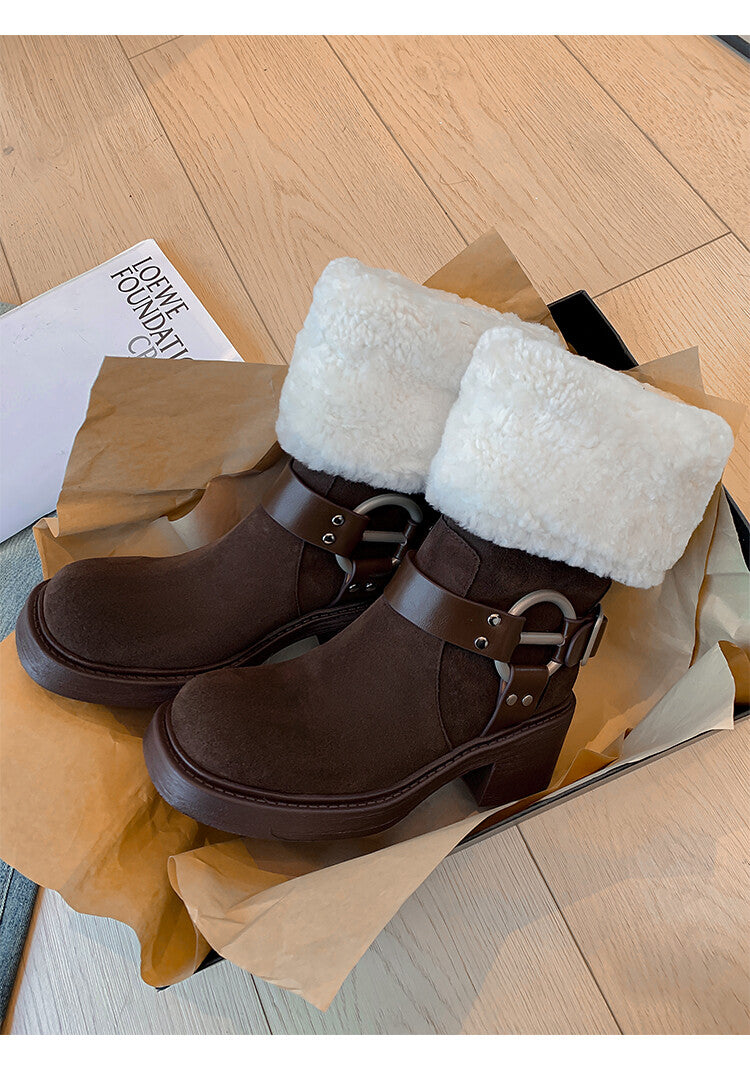 Karin Luna Genuine Lamb Wool and Cowhide Leather Hot-selling Metal Buckle Round Toe Chunky Heel Main Push Main Push