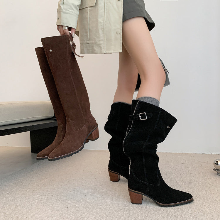 Karin Luna In Stock Spot Goods Retro Cowhide Leather Chunky Heel Suede Long Boots