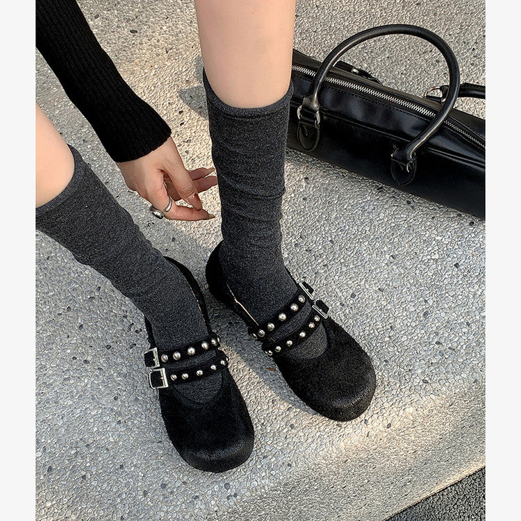 Karin Luna Hot Item Hot Item Punk Style One-Strap Round-Toe Suede Leather Height-Increasing Flats