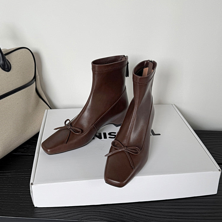 Karin Luna French Style Square Toe Bowknot Hidden Wedge Slim Boots