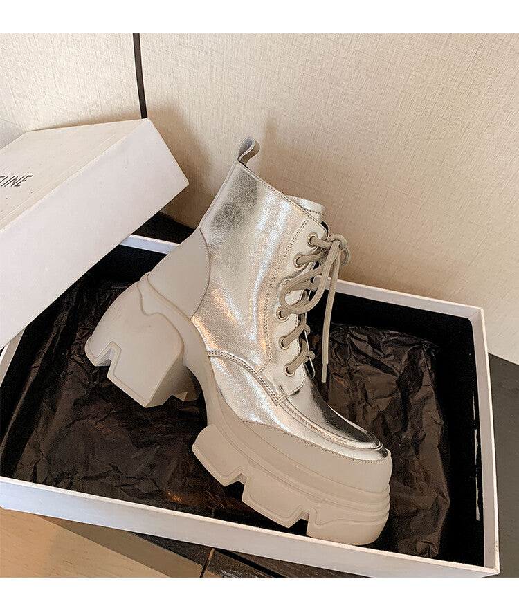 Karin Luna Casual Thick Sole Full Cowhide Lace-up Thick-soled Short Boots   Classic All-Matching
