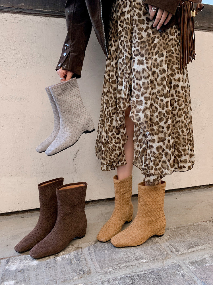 Karin Luna Handmade Woven Fabric Small Square Toe Hidden Heel Short Boots
