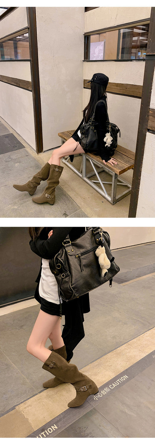 Karin Luna Data Model Belt Buckle Matte Square Toe Hidden Wedge Slouch Western Boots