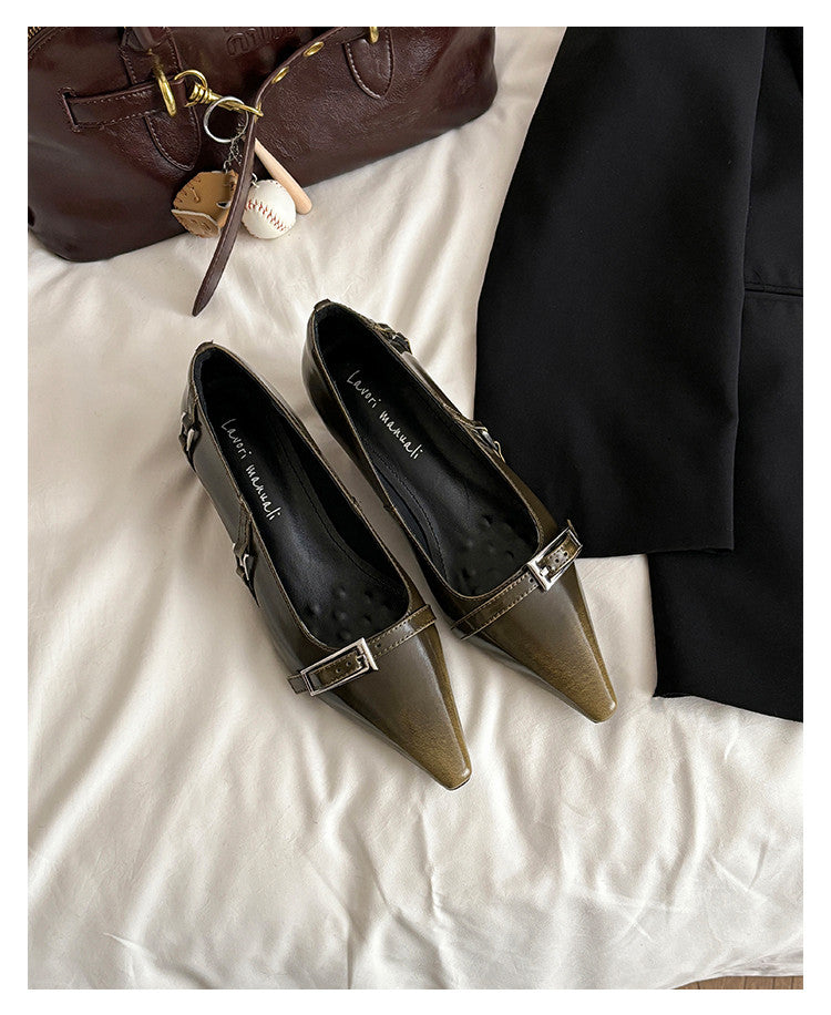 Karin Luna In Stock In Stock Retro Belt Buckle Small Square Toe Chunky Heel Single Shoes