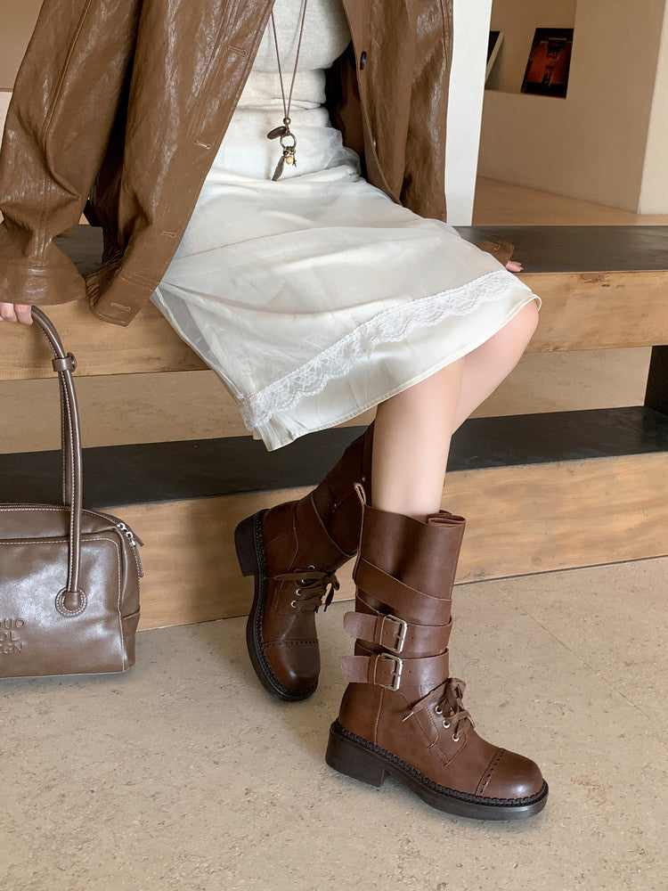 Karin Luna Bestseller Hot-Selling Large Tube Leather Belt Buckle Round Toe Thick-Soled Short Boots