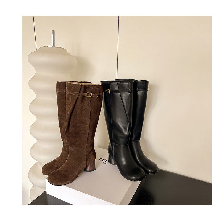 Karin Luna In Stock In Stock Mango Head Large Tube Belt Buckle Chunky Heel Long Boots
