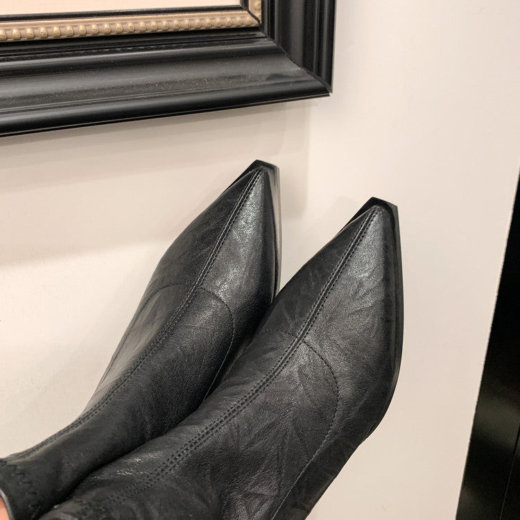 Karin Luna Elegant Style Pointed Toe Chunky Heel Short Boots