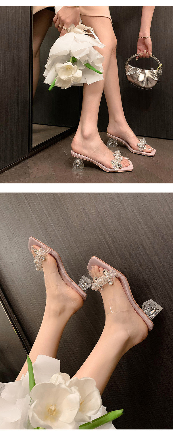 Karin Luna In Stock Spot Goods  Always in stock Square Toe Sweet Rhinestone Crystal Heel Slippers