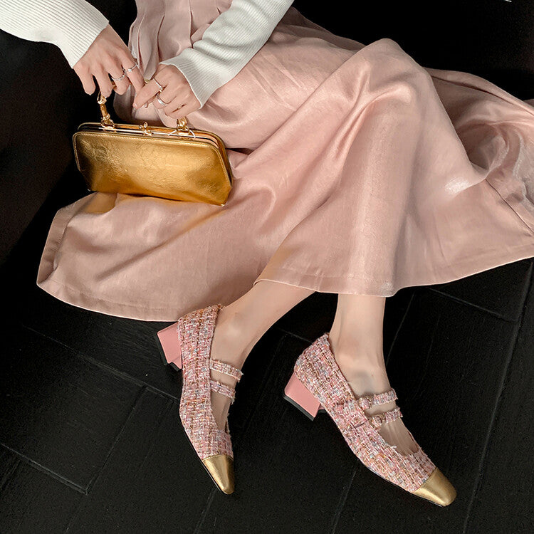 Karin Luna Classic Chanel Style~ Tweed Spring Limit Square Toe Chunky Heel Mary Jane Strap Single Shoes