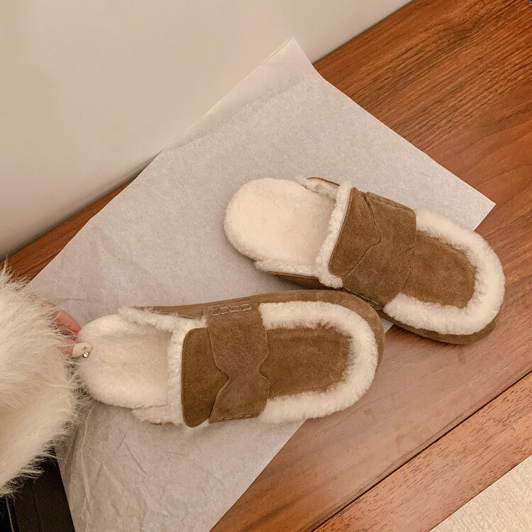 Karin Luna In Stock Look~This is such thick lamb wool Winter Atmosphere！Cowhide Leather Lamb Wool Round Toe Flat Sole Half Support！