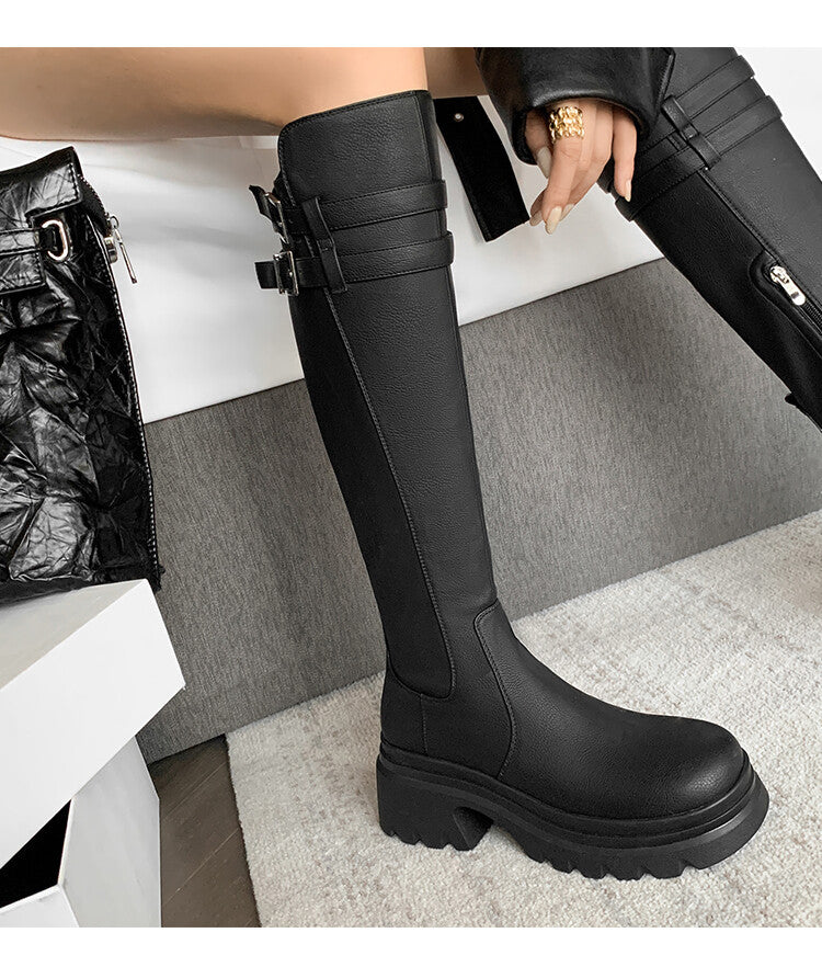 Karin Luna In Stock Best-selling in stock   Super Soft Sheepskin  Round Toe Thick Sole Vintage Belt Buckle Long Boots