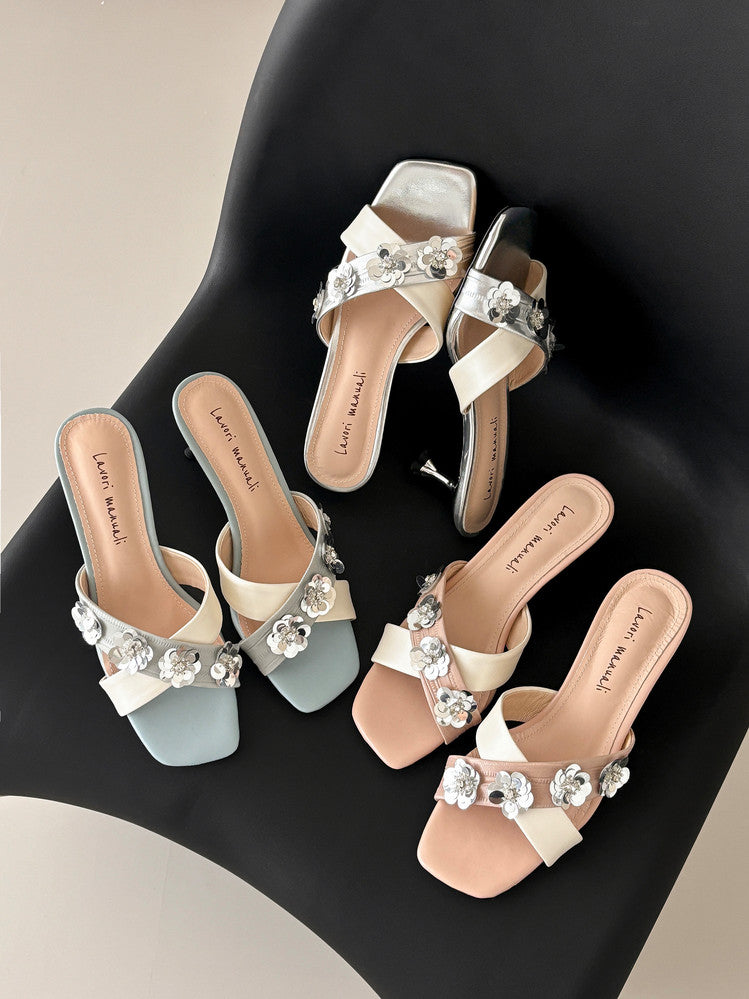 Karin Luna In Stock Spot Goods  Sequin Floral Cross Strap Square Toe Stiletto Slippers