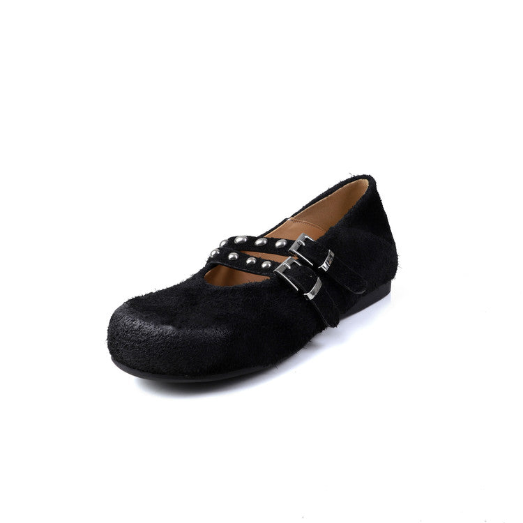 Karin Luna Hot Item Hot Item Punk Style One-Strap Round-Toe Suede Leather Height-Increasing Flats