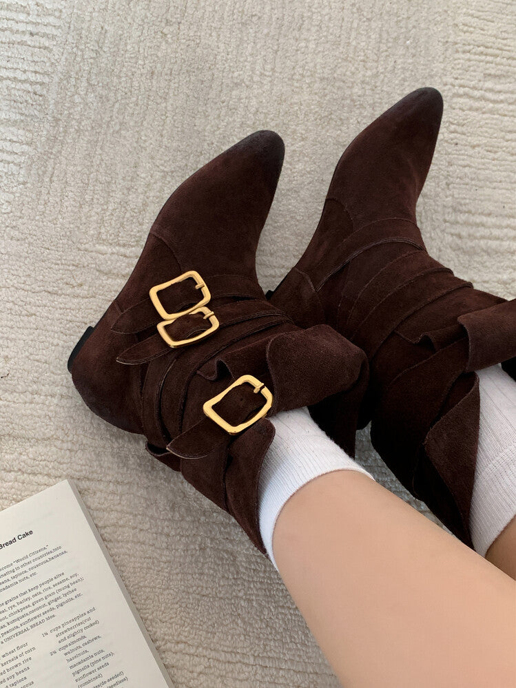 Karin Luna Cow Leather Small Square Toe Belt Buckle Fashion Boots