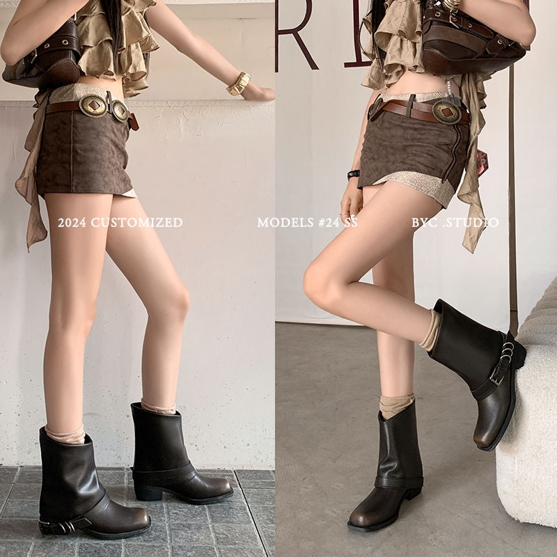 Karin Luna Elegant Style Square Toe Belt Buckle Pants Boot Short Boots