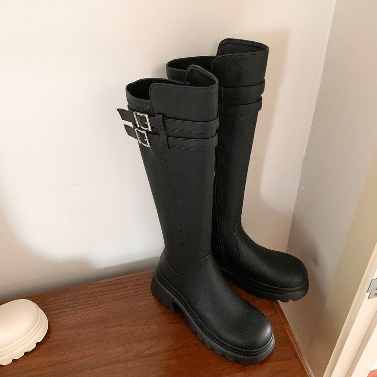 Karin Luna In Stock  Round Toe Thick Sole Casual Belt Buckle Long Boots