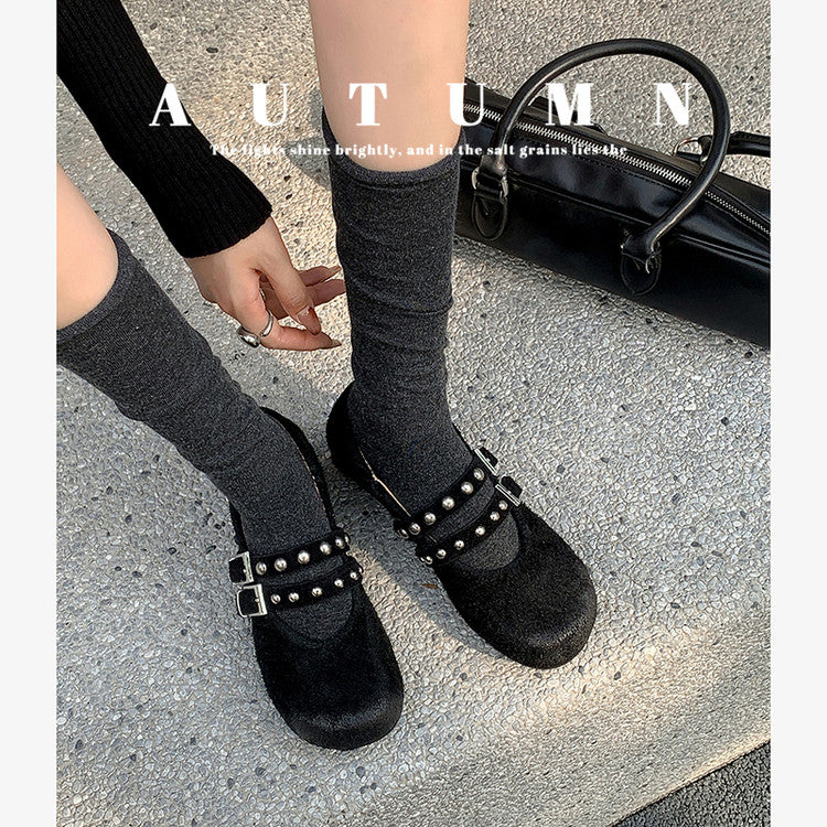 Karin Luna Hot Item Hot Item Punk Style One-Strap Round-Toe Suede Leather Height-Increasing Flats