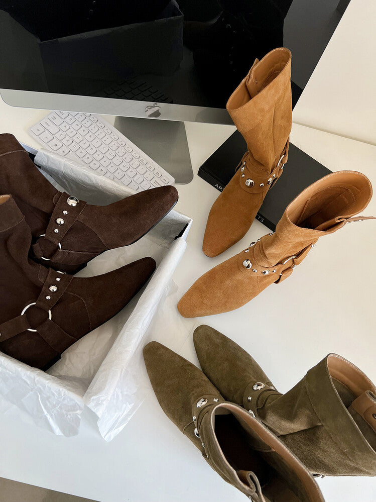 Karin Luna has prepared stock  Hot-Selling Retro Pointed Toe Wedge Metal Buckle High Tube Western Boots