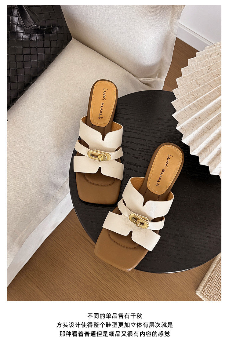 Karin Luna Comfortable Gold Buckle Square Toe Chunky Heel Casual Style Slippers