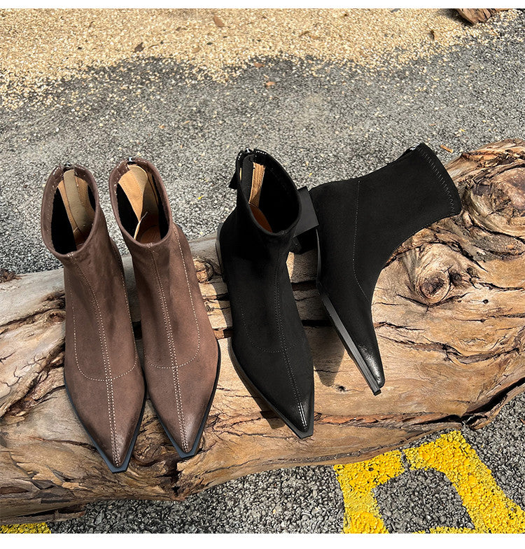 Karin Luna In Stock In Stock Elastic Slim Pointed Toe Chunky Heel Basic Ankle Boots