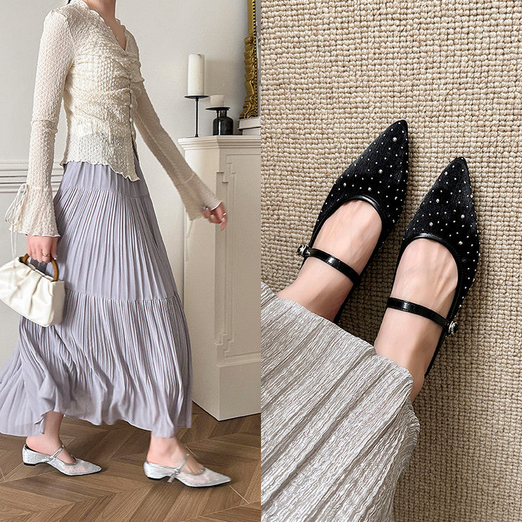 Karin Luna In Stock Spot Goods  Breathable Mesh Fabric Embellished Hand Drill Pointed Toe Slippers