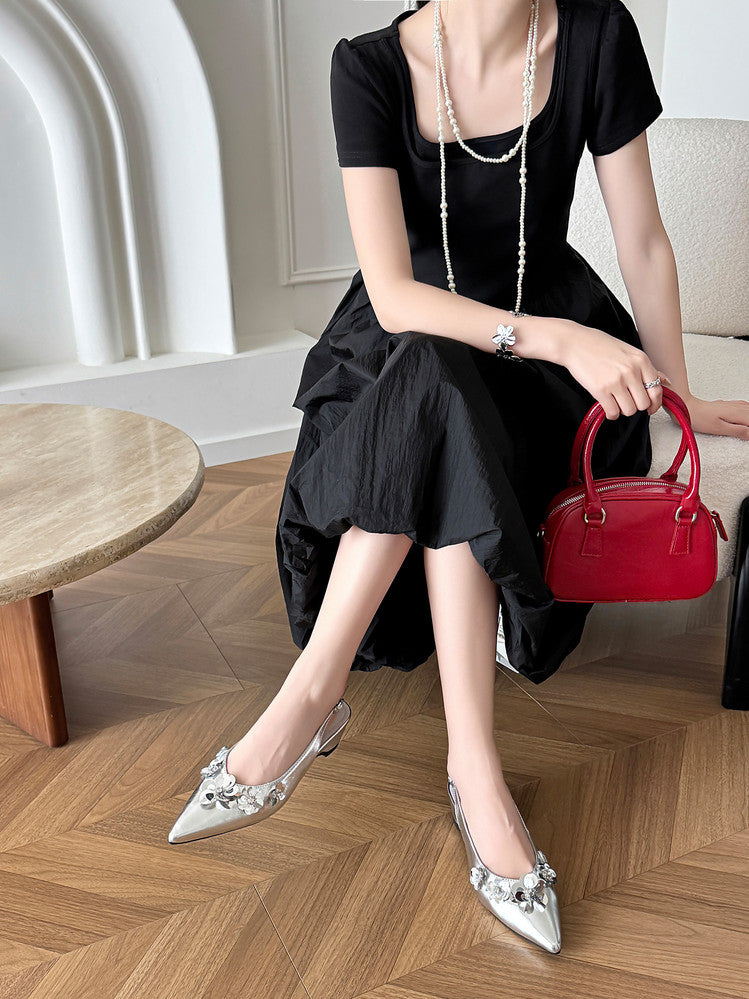 Karin Luna In Stock In Stock  Sequin Floral Pointed Toe Chunky Heel Closed-Toe Sandals
