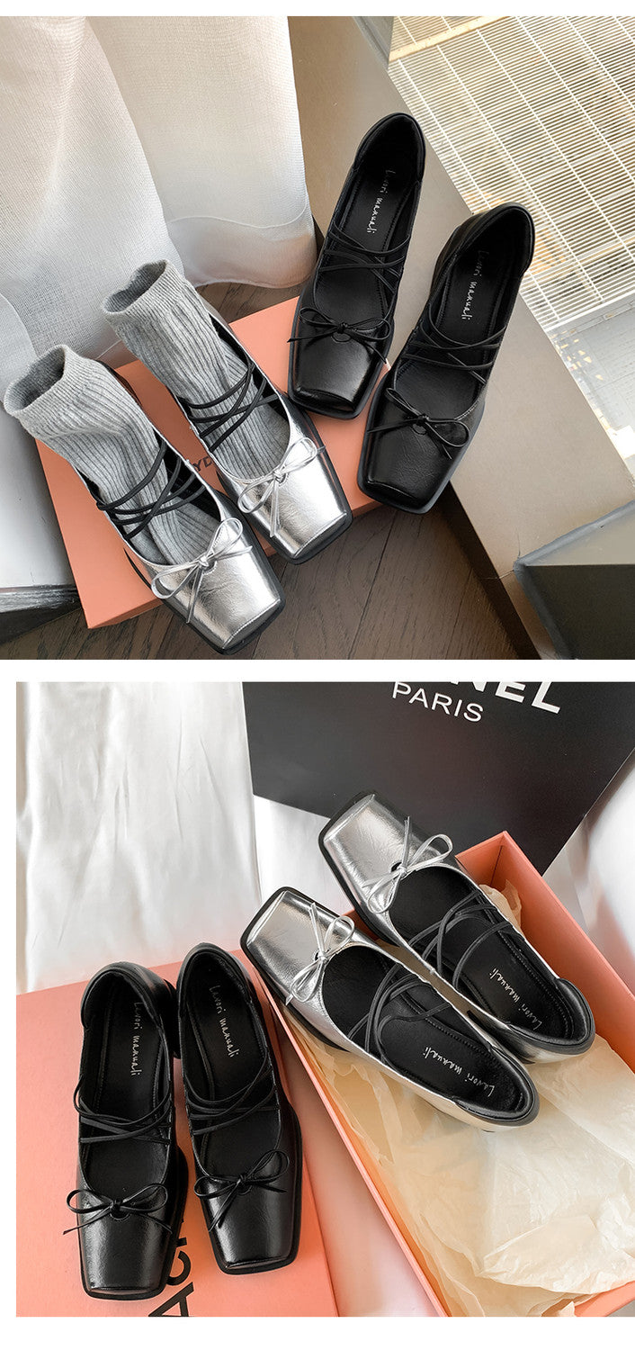 Karin Luna In Stock Spot Goods  Popular Self-flowing Bowknot Square Toe Chunky Heel Single Shoes