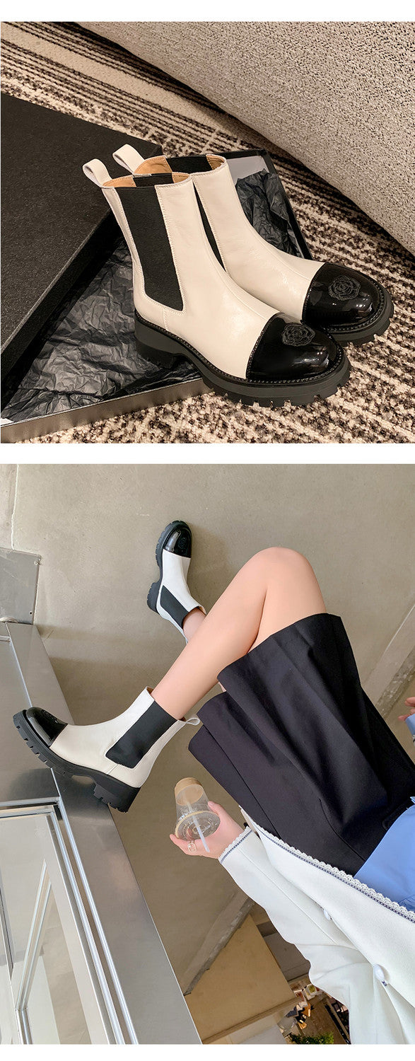 Karin Luna In Stock Spot Goods  Classic Embroidered Camellia Round Toe Thick Sole Chelsea Boots