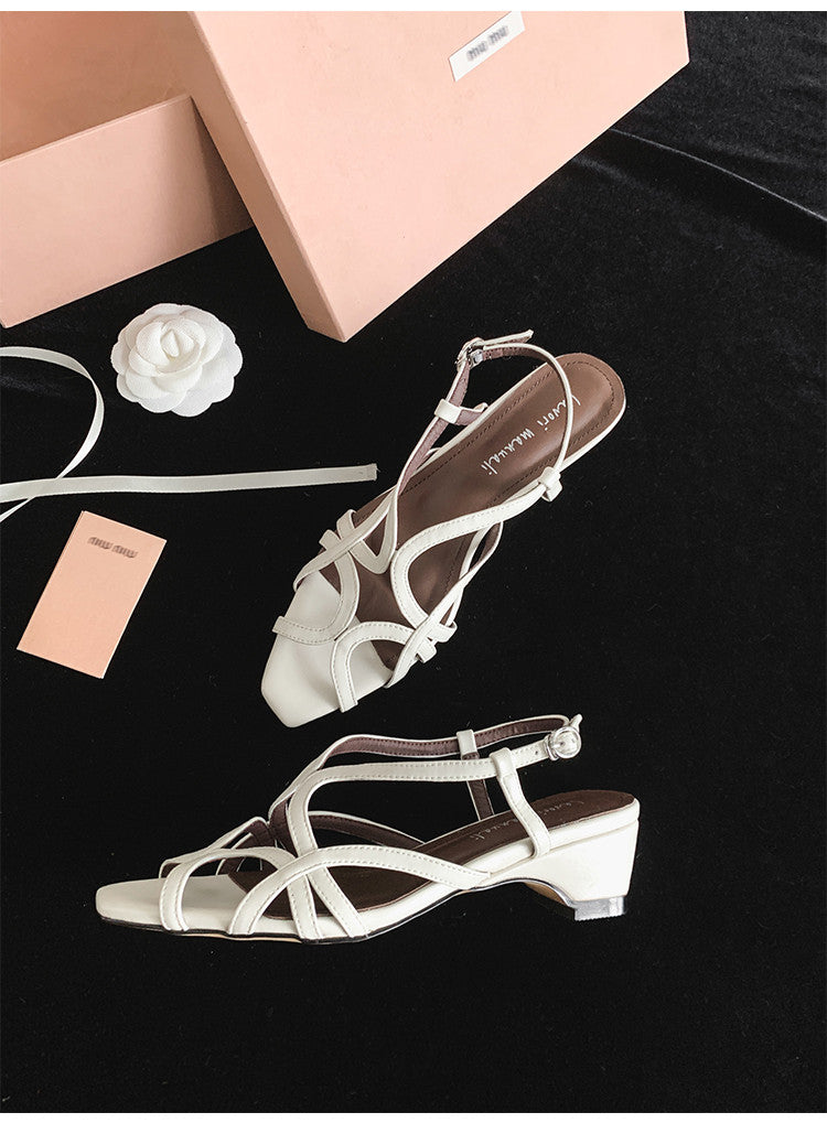 Karin Luna French Hollow Style Small Square Toe Chunky Heel Sandals