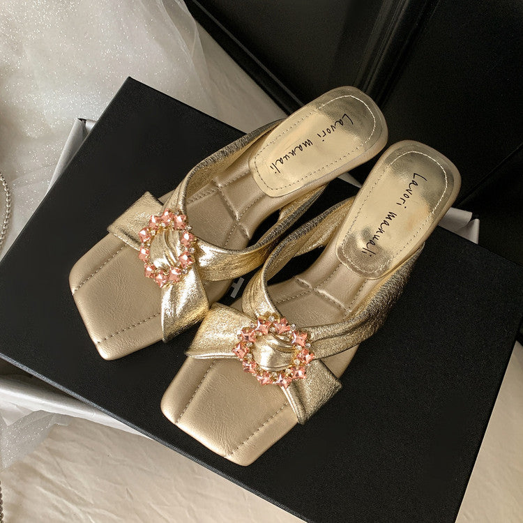 Karin Luna In Stock In Stock Elegant Square-Toe Cross-Strap Rhinestone Square-Toe Slippers