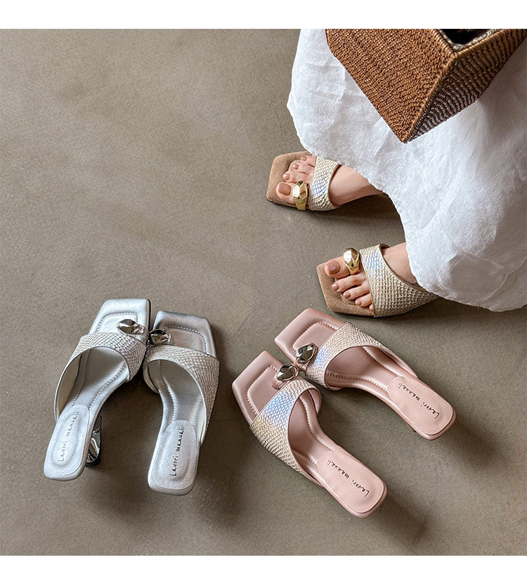 Karin Luna Fish Skin Series~Minimalist Square Toe Popular Irregular Heel Slippers
