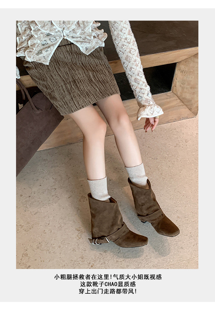 Karin Luna Data Hot Item Square Toe Hidden Wedge Belt Buckle Suede Ankle Boots
