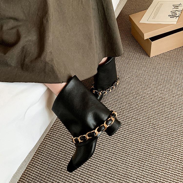 Karin Luna Classic Style Xiangjia Style Chunky Heel Chain Ankle Boots